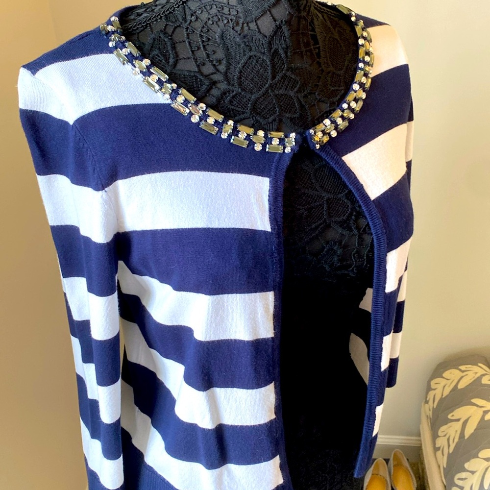 Navy Blue and White, decorated collar, women’s top